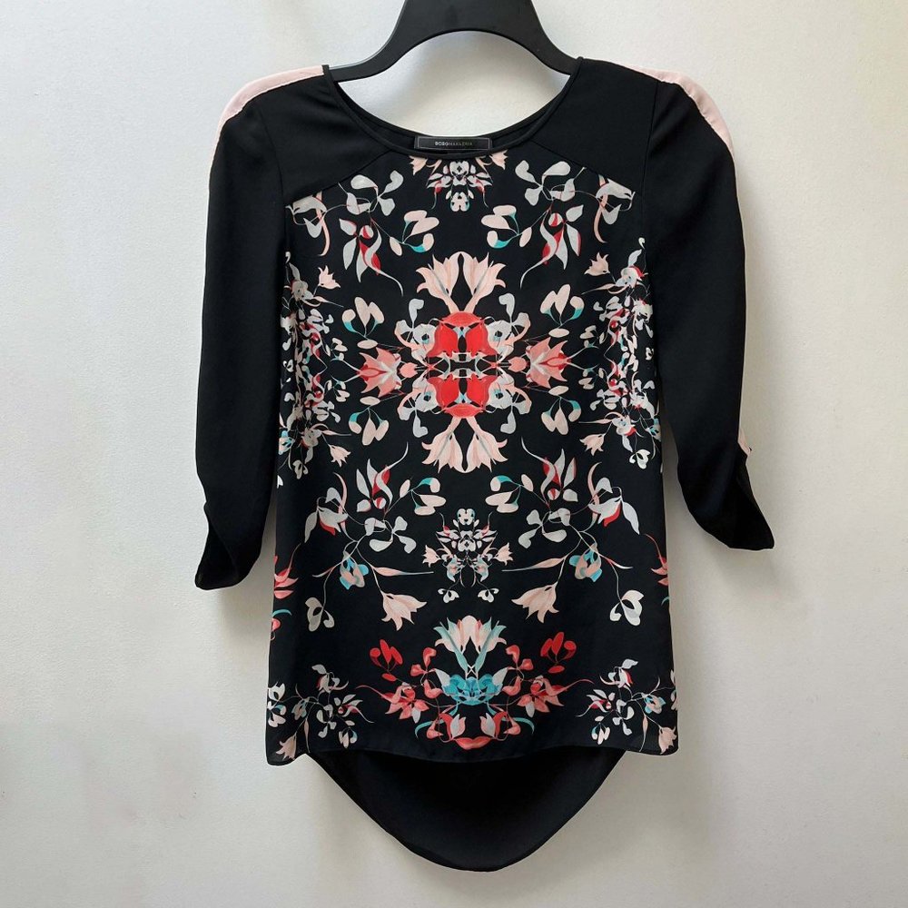BCBG Maxazria "Andie" Draped Back Floral Top Blouse Women's Size XS